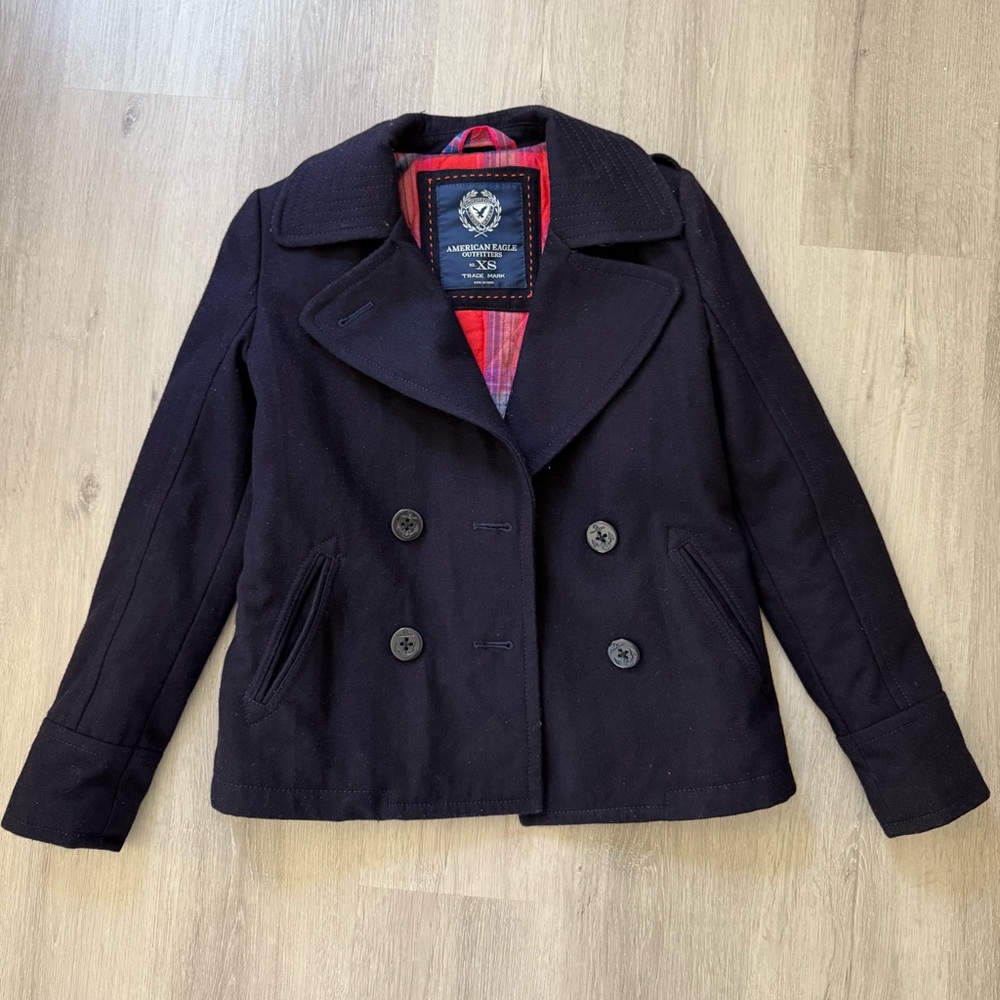 American Eagle Outfitters Plum/Navy Double-Breasted Pea Coat | XS